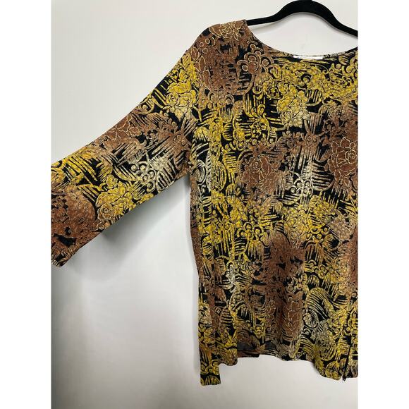 JM Collection Long Sleeve Blouse Crewneck Textured Print Plus Size Gold Brown 2X - Picture 4 of 12